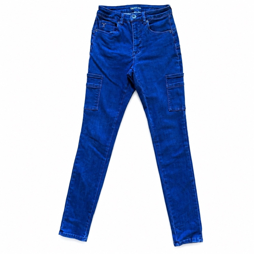Tristan Women High Waist Cargo Skinny Jeans Dark Wash Slim Fit Blue Denim 26